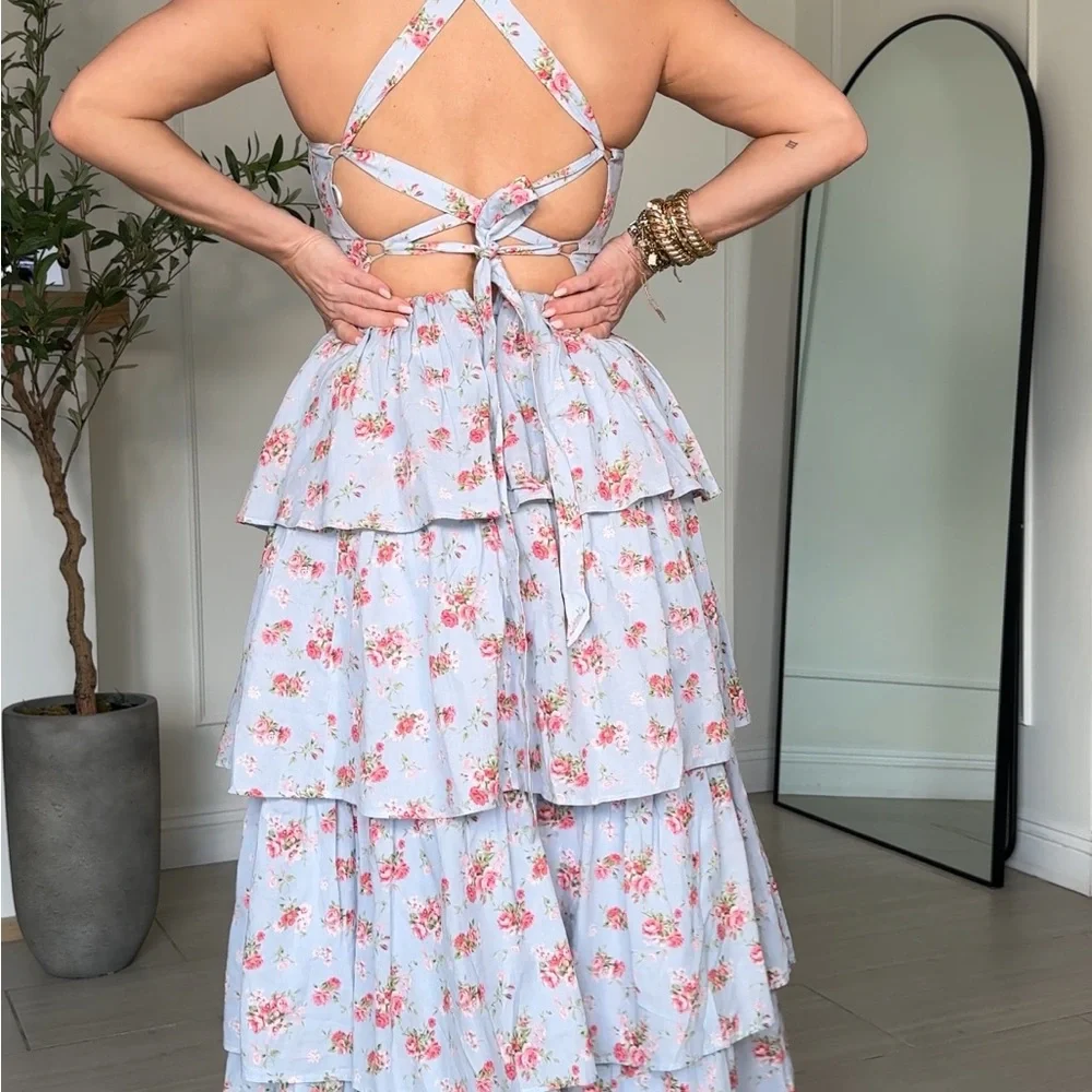 Abercrombie & Fitch Light Blue Floral Tiered Halter Dress